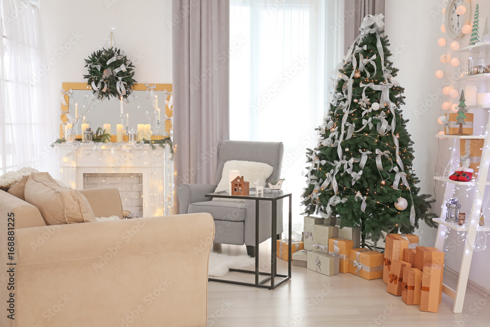 Decorated Christmas room with beautiful fir tree