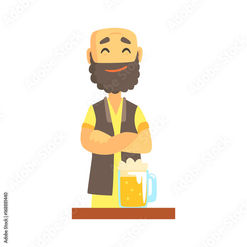 Bald bearded bartender character standing at the bar counter, barman at work cartoon vector Illustration