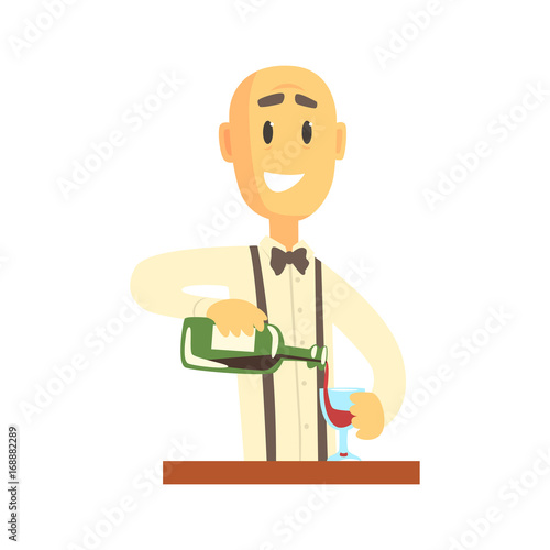 Elegant bartender man character standing at the bar counter pouring wine, barman at work cartoon vector Illustration