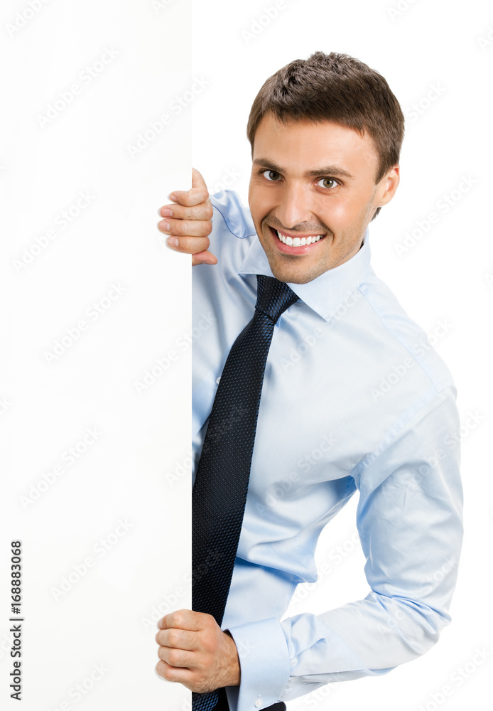 Businessman showing signboard, on white Businessman showing signboard, on white