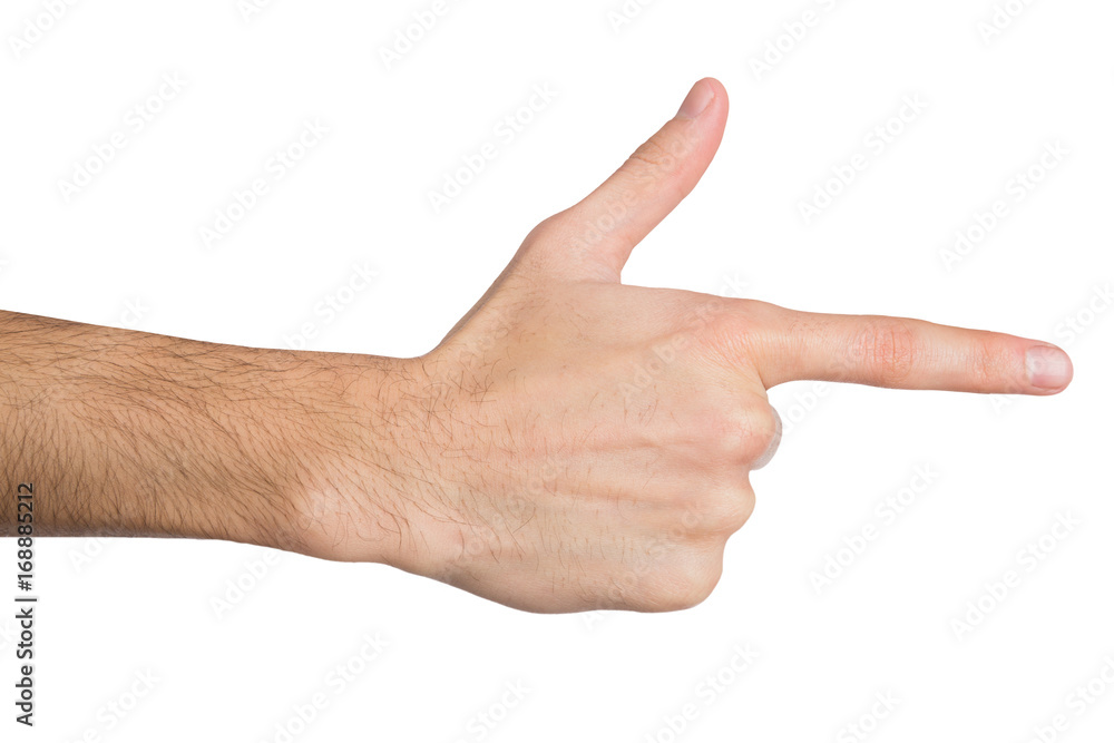 Male hand pointing on object with index finger isolated on white Male hand pointing on object with index finger isolated on white