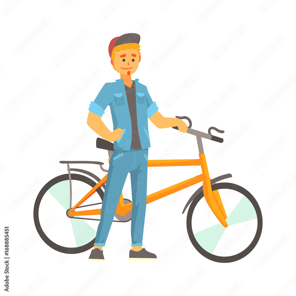 Smiling young man in casual clothes standing next to a bike, sport  lifestyle, cycling, riding, relax cartoon vector Illustration  Stock-Vektorgrafik | Adobe Stock