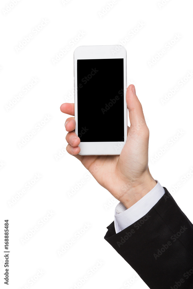 Male hand holding blank mobile phone isolated on white Male hand holding blank mobile phone isolated on white