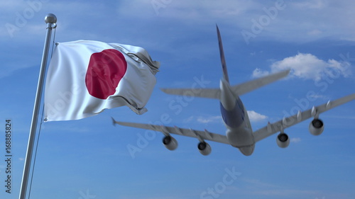 Commercial airplane landing behind waving Japanese flag. Travel to Japan conceptual 3D rendering photo