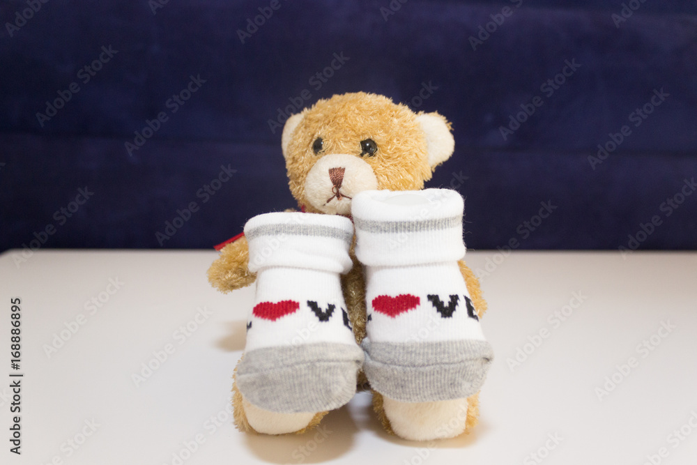 Baby Girl - Red and white socks with bear on white background