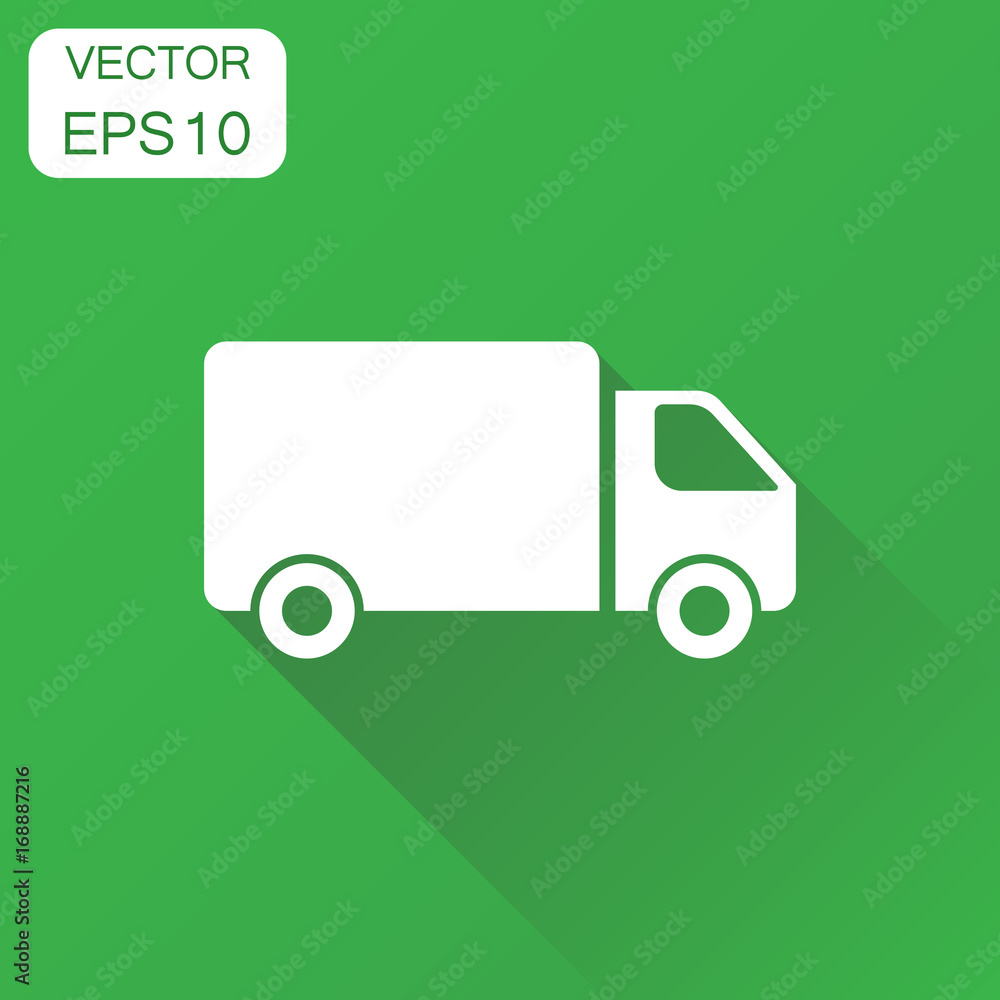 Truck, car icon. Business concept fast delivery service shipping pictogram. Vector illustration on green background with long shadow. Truck, car icon. Business concept fast delivery service shipping pictogram. Vector illustration on green background with long shadow.