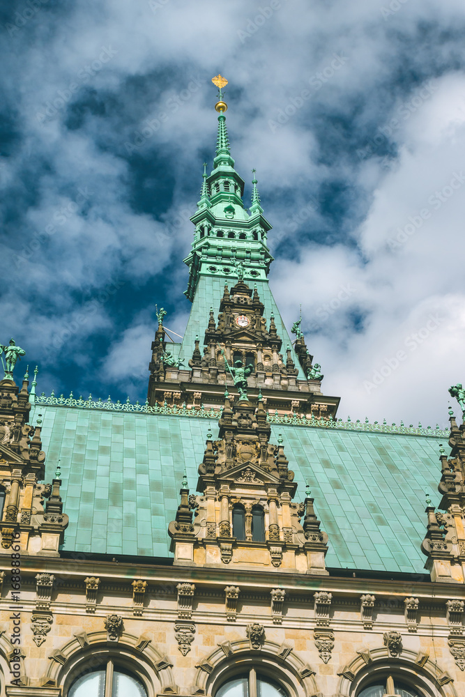 Close-up details of the vertical City Hall towers. Hamburg, Germany