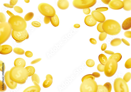 Golden coins defocused flying abstract 3D realistic background. Realistic money explosion isolated over white layout. Big jackpot casino lottery win