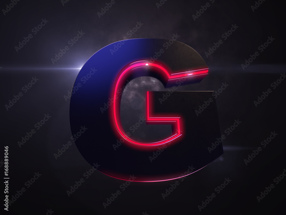 Letter G black extruded symbol with red light outline glowing in the dark and nice lens flare and smoke in background Letter G black extruded symbol with red light outline glowing in the dark and nice lens flare and smoke in background