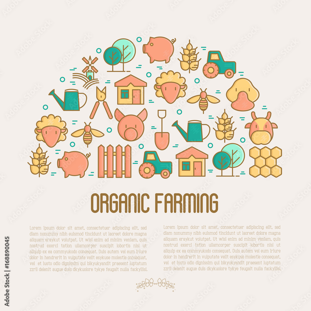 Organic farming concept in half circle with thin line icons of animals, tools and symbols for eco products, farming flyers and banners. Agriculture vector illustration for web page, print media.