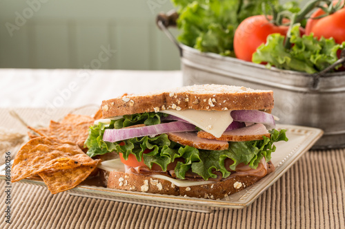 Ham Turkey Swiss Cheese Sandwich With Chips And Vegetables