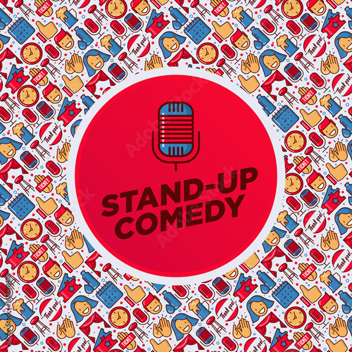 Stand up comedy show concept with thin line icons and microphone in the center. Vector illustration for banner, web page, print media.