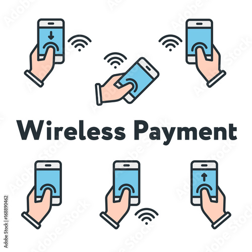 Phone In Hand Finger Tap Wireless Payment Minimal Color Flat Line Outline Stroke Icon Set