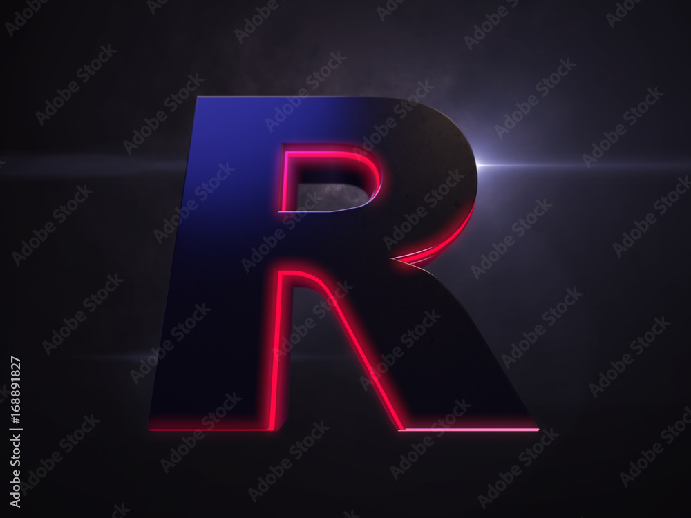Letter R black extruded symbol with red light outline glowing in the dark and nice lens flare and smoke in background Letter R black extruded symbol with red light outline glowing in the dark and nice lens flare and smoke in background