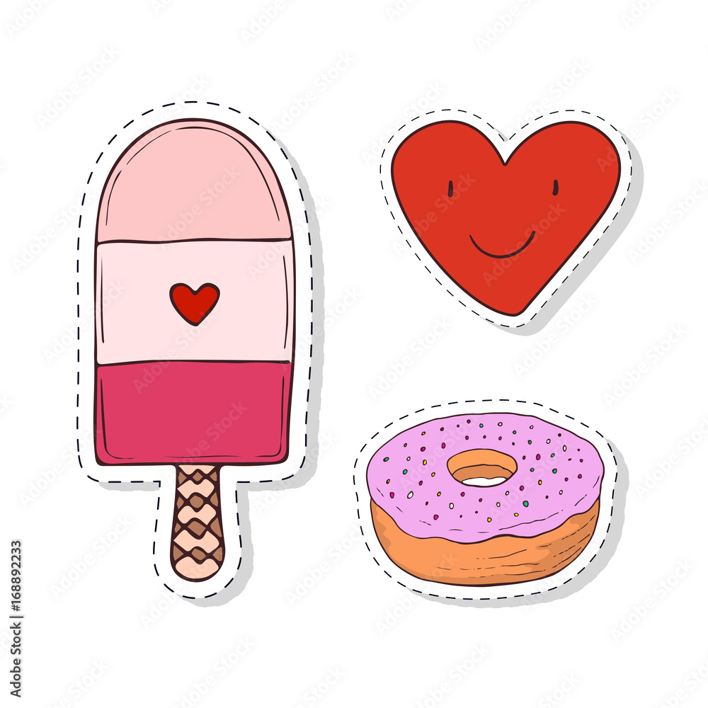 Patches elements with sweets girly elements. Vector doodle funny badges. Modern clip art. Cartoon stickers design Patches elements with sweets girly elements. Vector doodle funny badges. Modern clip art. Cartoon stickers design