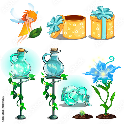 Magic flower potion, growing plants, gift box and fairy. Set of cartoon images for games, childrens books and other projects. Vector illustration isolated on a white background