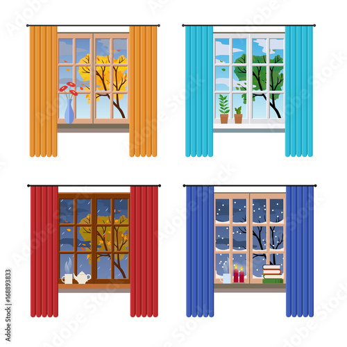 Set of different windows with a view on a tree, different season and weather. Flat style, vector graphic design template