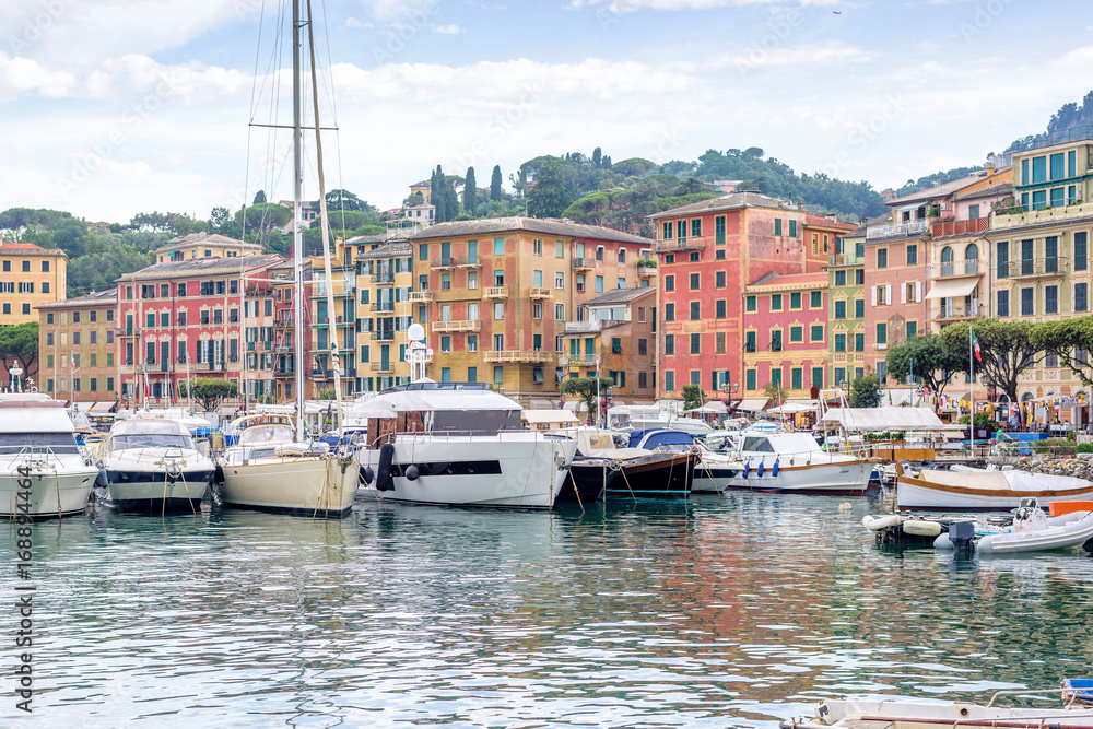 Daylight view to port full of parked boats. Santa Margherita Ligure, Italy. Cinque Terre