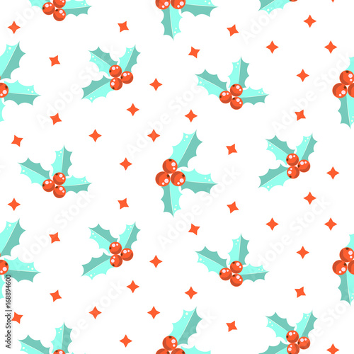 New Year holly berry simple seamless vector pattern. Mint small plant scrapbook paper design. White background.