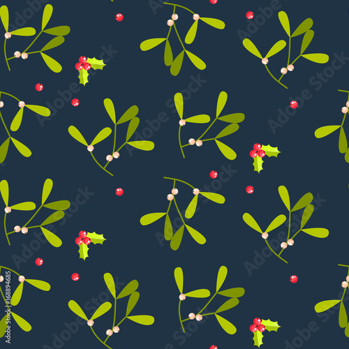 Mistletoe leaves seamless vector pattern. Christmas decor green plant on blue background.