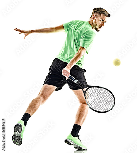 one caucasian  man playing tennis player isolated on white background © snaptitude
