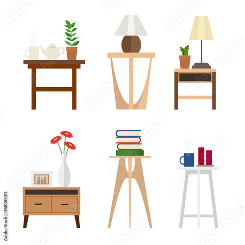 Set of different living room side tables, flat style, vector graphic design template