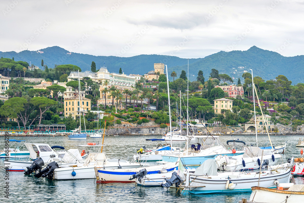 Daylight view to port full of parked boats. Santa Margherita Ligure, Italy. Cinque Terre