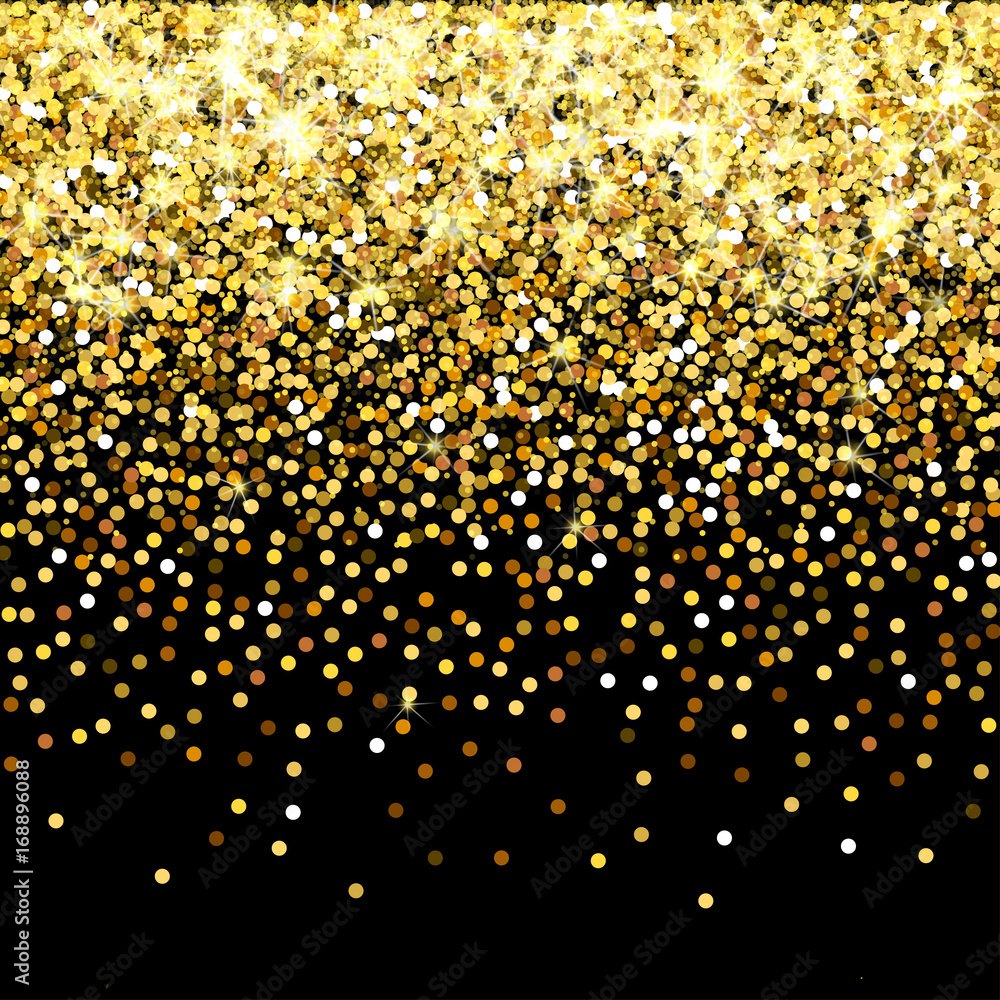 Falling golden particles on a black background. Scattered golden confetti. Rich luxury fashion backdrop. Bright shining gold. Gold round dots.