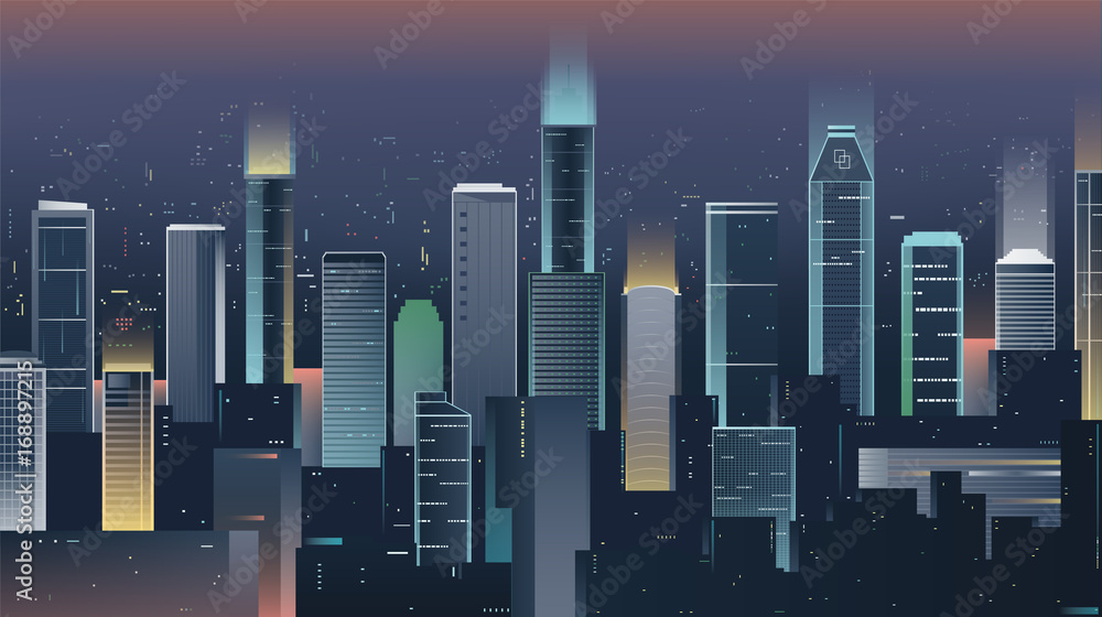 Night city skyline with neon lights. Modern city. Vector