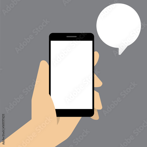 Smart phone with speech bubble in hand. Vector illustration