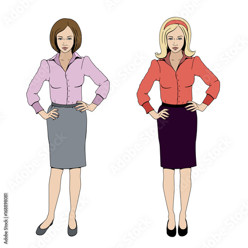 Set of two women blonde and brunette in strict clothing are standing at full length