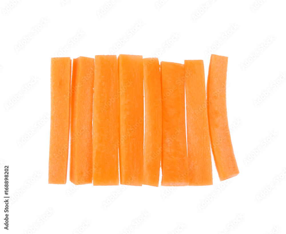 Carrot sticks, Julienne style isolated on white background, Top view.. Carrot sticks, Julienne style isolated on white background, Top view..