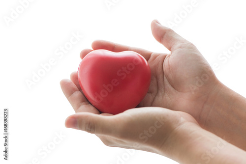 Red heart in Asian women hand white background with clipping path