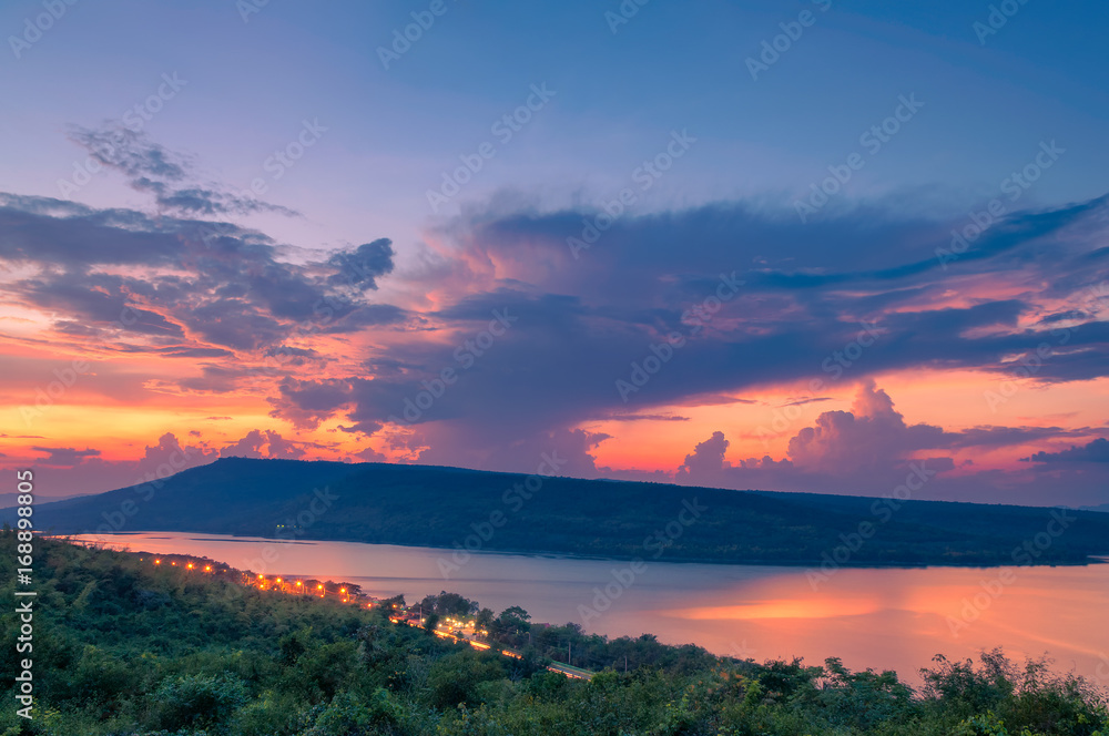 Beautiful sunset over lake at Lam Ta Khong Reservoir