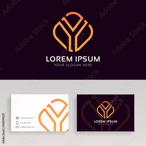 Simple Y letter logo linear rhombus sign vector design with brand business card.