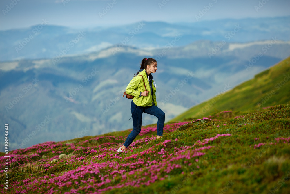 Trekking - woman hiking in mountains on a calm summer day. Woman hiker descending a mountain trail in summer. Flowers in the mountains. Travel concept adventure active vacations outdoor aerial view
