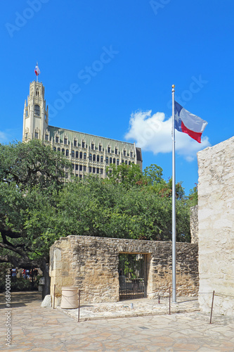 Alamo grounds, Texas flag and and Emily Morgan Hotel photo