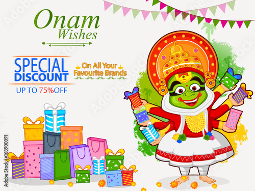 Kathakali dancer offering shopping sale for Onam festival of Kerala