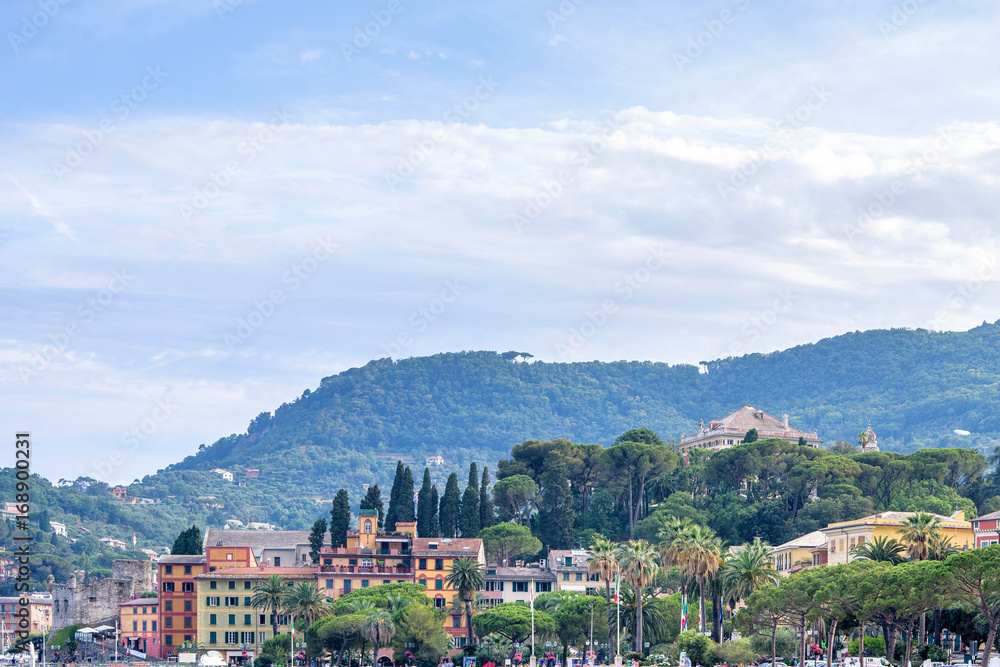 Beautiful view to cloudy sky and mountains of Santa Margherita Ligure, Italy