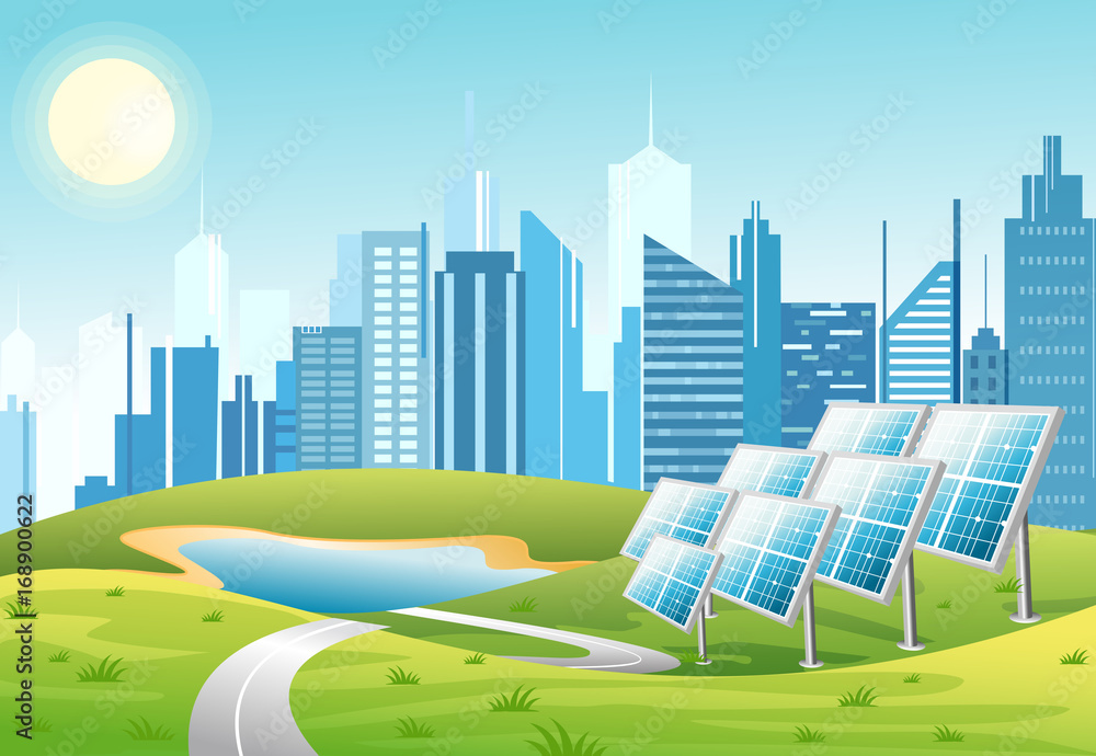 Vector illustration of solar power panels with sun and urban city skyscrapers skyline on green turquoise background. Eco green city theme. Ecological energy concept in flat cartoon style.