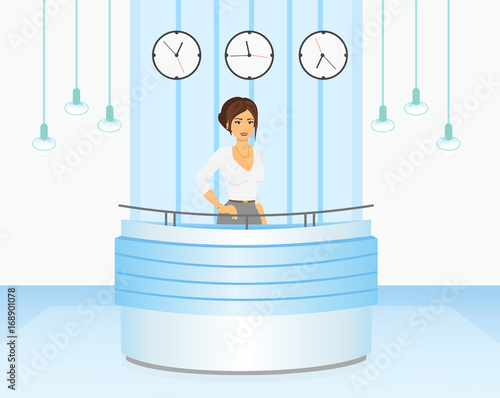 Vector illustration of woman manager reception desk in light blue colors interior. Concierge service in flat cartoon style. Hospitality hotel staff.