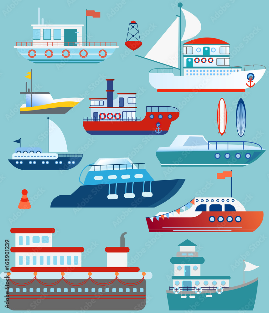 Vector illustration set of flat yacht, boat, cargo ship, steamship, ferry, fishing boat, bulk carrier, vessel, boat, cruise ship on blue background concept.