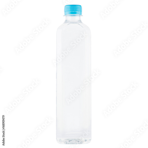 Plastic bottle for water wiht blue cap isolated on white