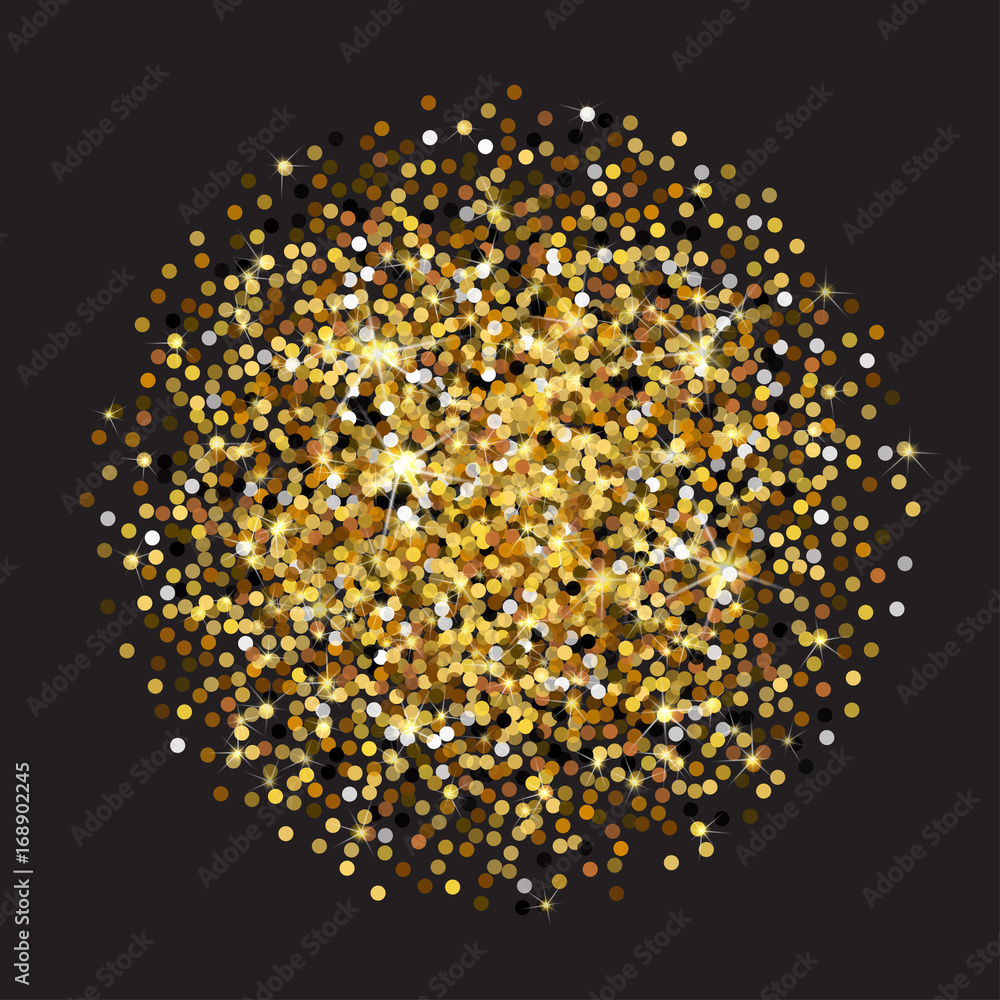 Golden glittering circle made of dots. Luxury golden round dots on black backdrop. Amber particles gold confetti. Golden glittering circle made of dots. Luxury golden round dots on black backdrop. Amber particles gold confetti.