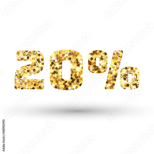 Fototapeta Naklejka Na Ścianę i Meble -  Gold 20 percent on white background. Twenty percent golden glitter. Amber particles gold confetti number.