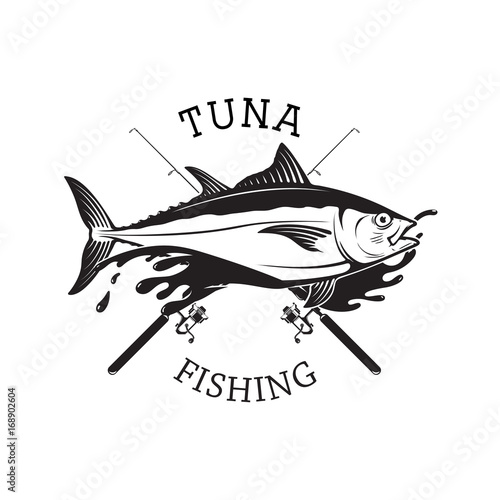 Tuna fishing emblem. Design element for logo, label, emblem, sign. Vector illustration