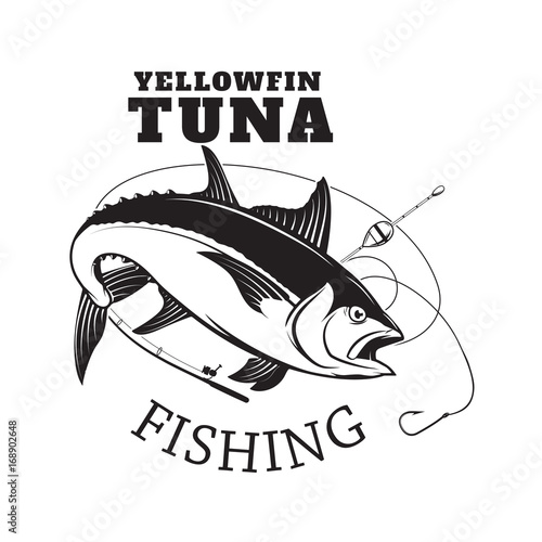 Tuna fishing emblem. Design element for logo, label, emblem, sign. Vector illustration