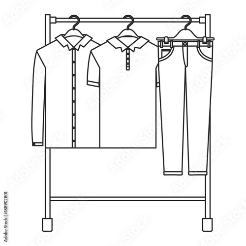 monochrome silhouette of male clothes rack with shirts and pants on hangers vector illustration