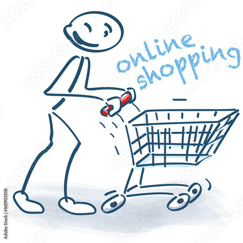 Strichmännchen mit Einkaufswagen und online shopping