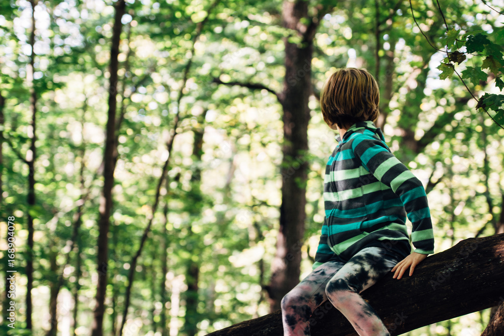 Girl sitting on a tree branch in a forest Girl sitting on a tree branch in a forest
